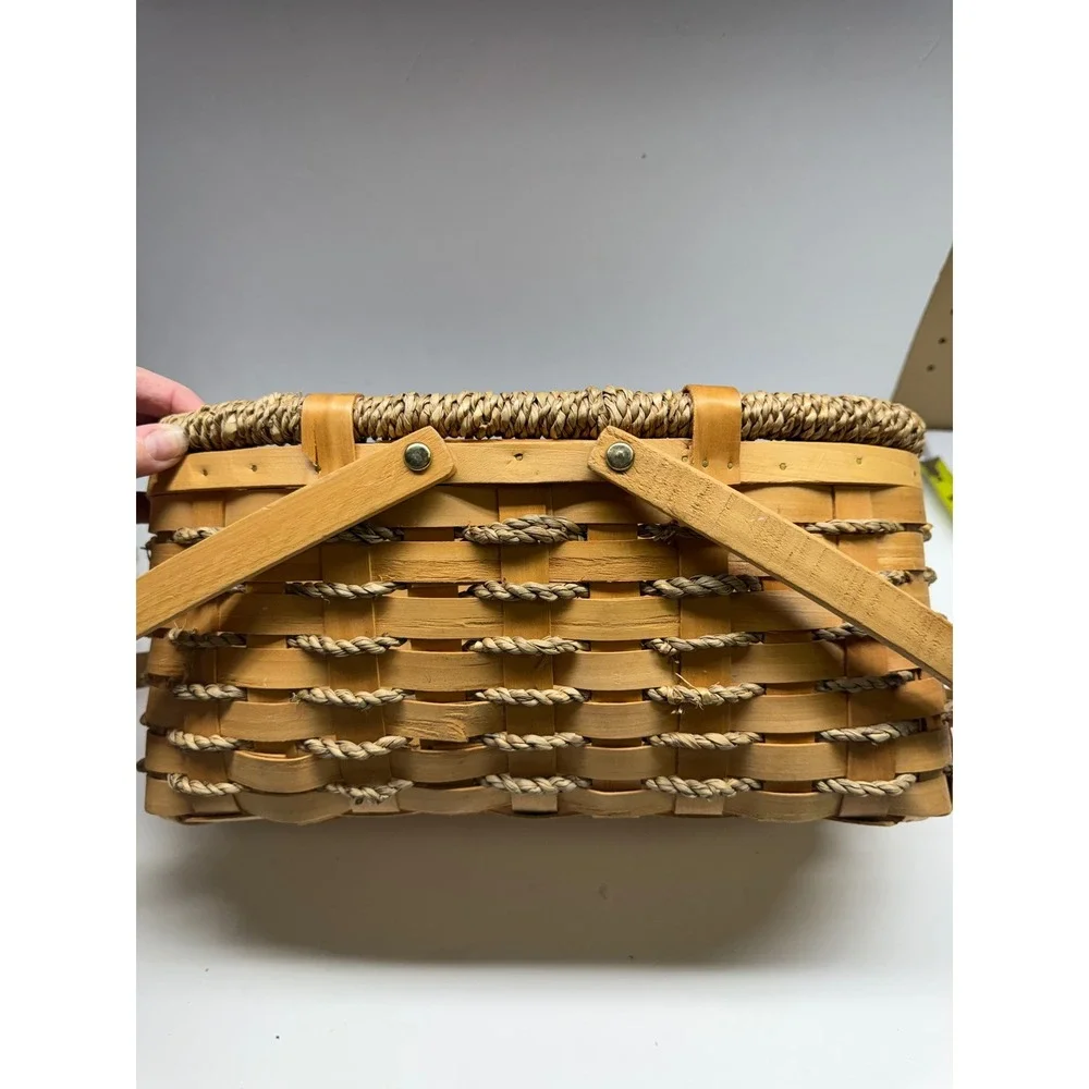 Set of 2 Woven Wood Apple Baskets Rustic Farmhouse Decor with Rope Accents